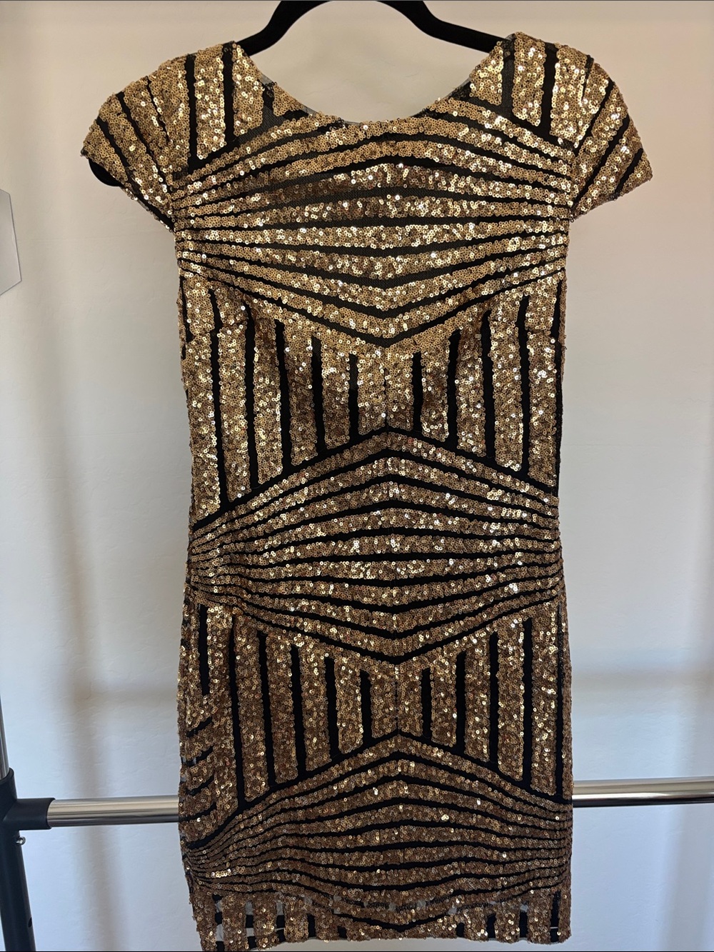 Gold Sequin Mini Dress with Black Stripe Accents
